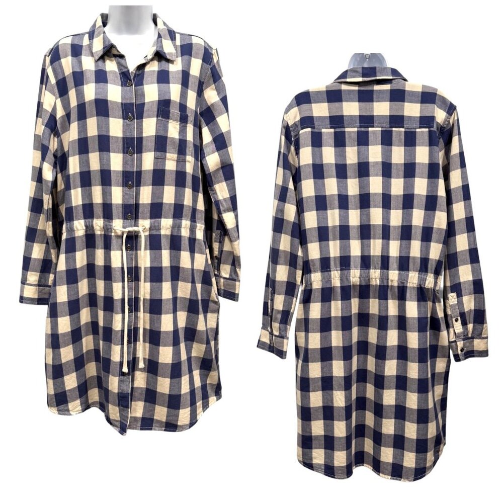GH Bass Gingham Plaid Shirt Dress Blue White Womens L Preppy Nautical‎ Normcore
